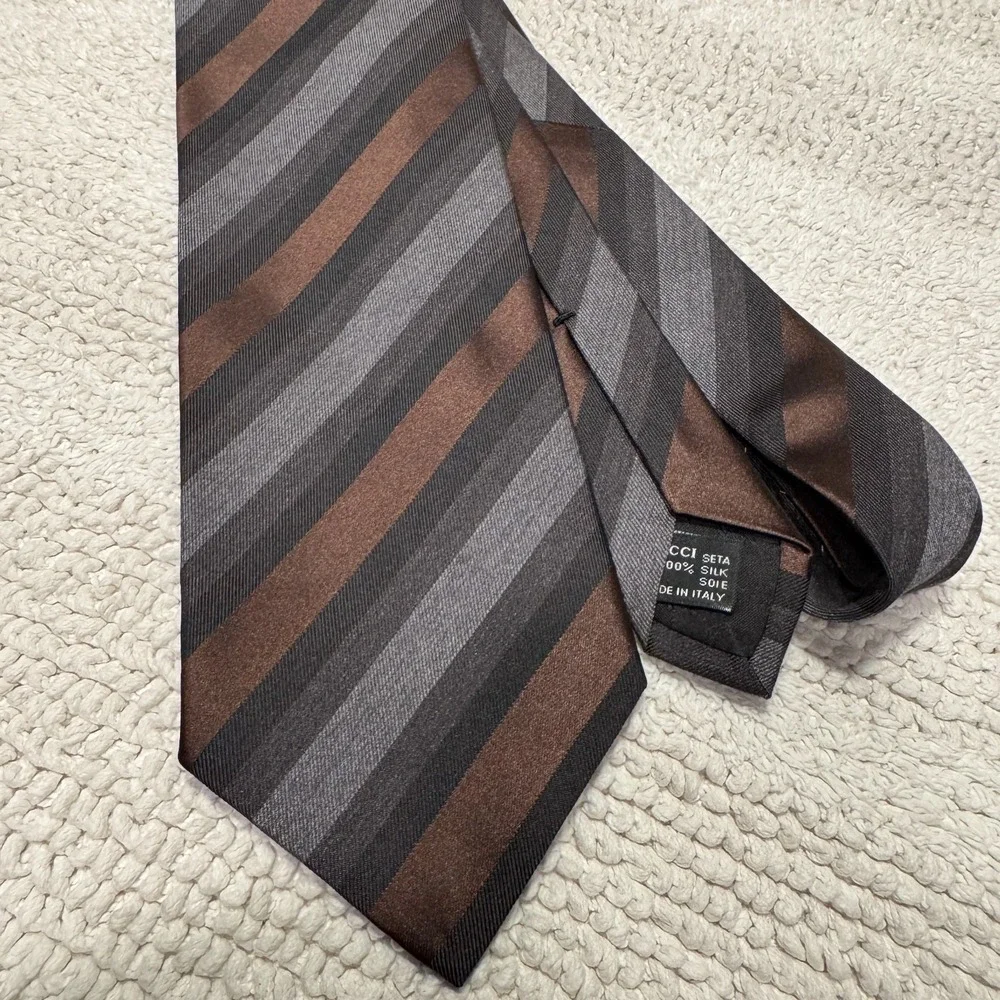 Gucci Tie Black Gray Brown Diagonal Stripe Italy Silk Monogram Designer Grunge